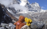 Misiu i słonik zawędrowały w Himalaje. W tle Phulette (5597 m n.p.m.), Nepal. Zdjęcie z okładki kalendarza na rok 2009<br />